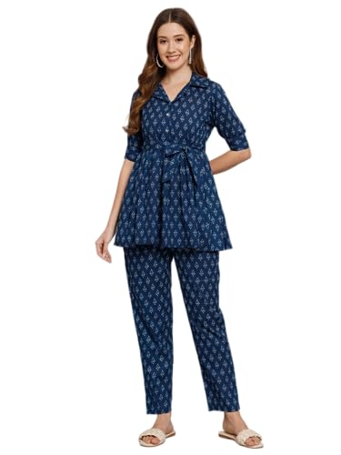 Image of Women's Cotton Regular Fit V Neck Printed Top with Trouser Co-ords Set with Fashion & Elegant Design (1 Top 1 Pant 1 Belt)