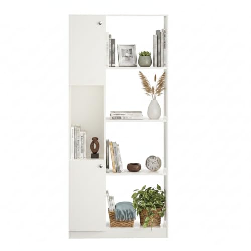 Image of FURNEASER Bookaura Wooden Bookshelf with Doors, Multipurpose Bookcase Storage Organizer for Living Room Modern Wooden Book Shelf Cabinet, Display Rack for Books & Decor (White)