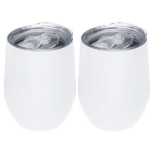 PATIKIL 12oz Taza De Vino Con Brillo Para Sublimación, 2 Piezas Tazas De Acero Inoxidable De Doble Pared Aislante Con Tapa Para Vino Café Cócteles, Blanco