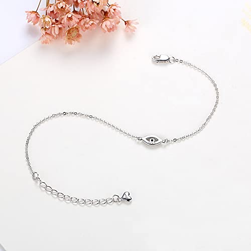 Image of Hamsa Evil Eye Bracelet 925 Sterling Silver Cubic Zirconia Anklet for Women Chain Adjustable 6.3in+1.6in
