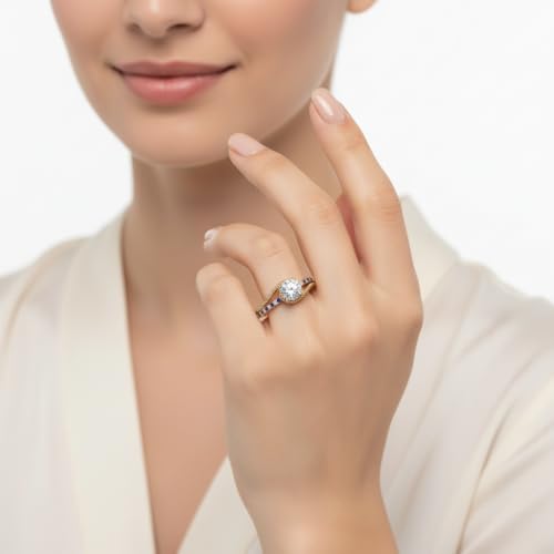 Image of Choose Your Gemstone Rope Split Shank Diamond CZ Ring Yellow Gold Plated Round Shape Split Shank Engagement Ring Minimal Modern Design Birthday Gift Wedding Gift US Size 4 to 12