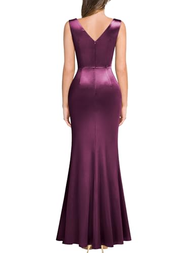 Miusol Women's V-Neck Sleeveless Elegant Satin Ruched Slit Party Formal Maxi Dress2