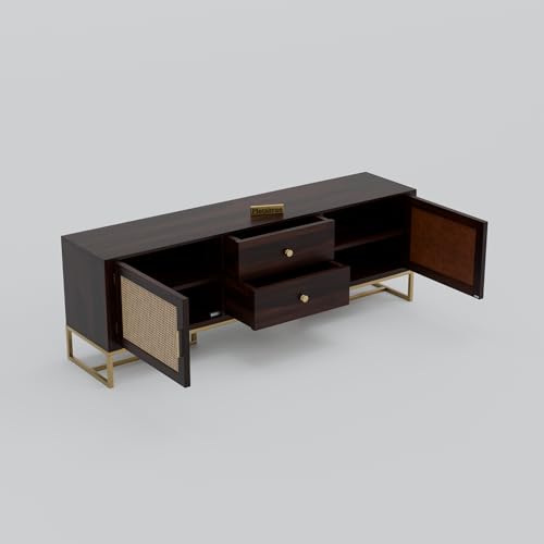 Image of Sheesham Wooden TV Cabinet for Living Room 65+ inch - TV Table for Living Room Entertainment Unit - Solid Wood TV Unit for Livingroom 65 Inch with 2 Drawers & 4 Shelves