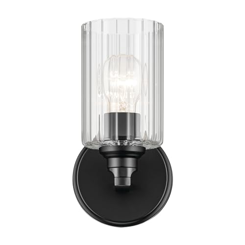 Image of Kichler Gioe 5 inch 1-Light Wall Sconce Bathroom Light Fixture with Clear Fluted Glass in Black, Damp Rated for Powder Room, Kitchen, Hallway, Bedroom (5 inch W x 9.5 inch H), 55224BKFLU