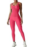 QINSEN Women's Square Neck Sleeveless Tank Jumpsuit with Zipper Stretch Long Rompers Hot Pink M
