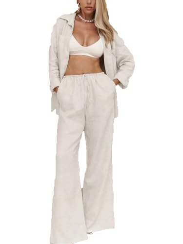 Ensemble chemise et pantalon Alloaone pour femme - Coupe ample et décontractée blanc en taille S