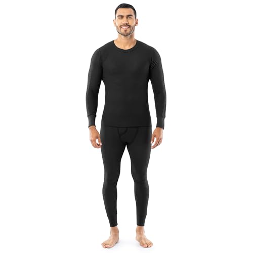 Indera Mens Traditional Waffle Thermal Underwear Long Johns Crew Top and Pant Set, Black, Medium