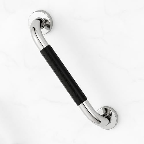 Image of BATH GURU Heavy Duty High Grade Rustproof Stainless Steel Safety Bathroom Grab Bar handle for Senior Citizen, Anti-Slip Grip, Wall Mounted Support Rail for Toilet Shower, Bathtub (Black Grip, 20 Inch)