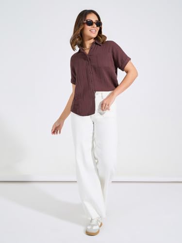 Image of Styli Women's Brown Regular Fit Roll-Up Sleeve Textured Button-Down Shirt | Cotton Casual Top with Spread Collar & Button Closure | Perfect for Versatile Casual Wear