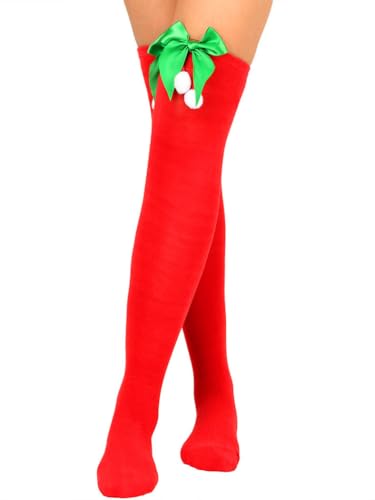 Image of Christmas Party Over Knee Socks Thigh High Stockings Leg Bow Hairball Thigh High Long Stockings for Women and Girls