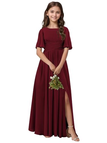 BOLENSYE Short Sleeve Junior Bridesmaid Dresses for Wedding Chiffon Flower Girls Dress Birthday Party Gown with Slit