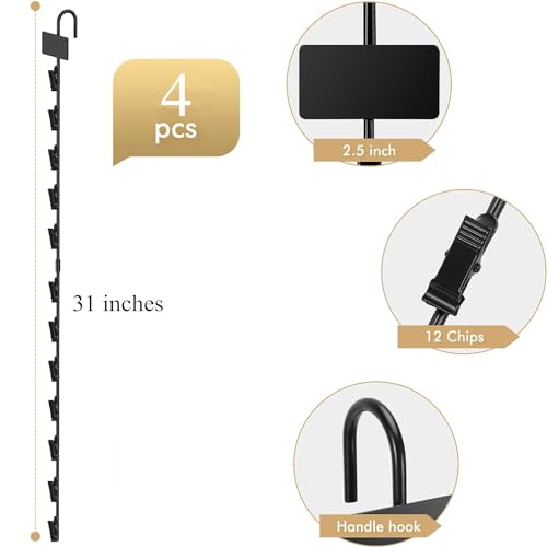 Hanging Merchandise Strips with Hooks, Pack of 4 – 31”Chip Rack with 12 Clips, Chips Holder, Hanging Display Strip for Retail Displaying (Black)