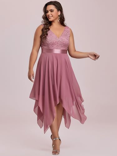 Image of Ever-Pretty Plus Women's V Neck Sleeveless Asymmetric Hem Lace Chiffon Short Summer Plus Size Wedding Guest Dresses Orchid US22