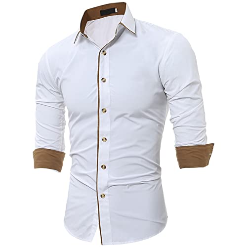 Men's Contrast Slim Long Sleeve Shirt Fit Casual Button Down Dress Shirt Collar Fashion Wrinkle-Resistant Shirt