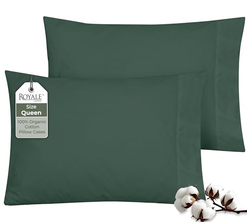 Image of ROYALE LINENS 100% Organic Cotton Percale Pillowcases Set of 2 - Queen Size Percale Pillowcase - Queen Set of 2 Pillow Cover - Breathable, Cool & Crisp Pillow Cases (20 inchx30 inch, Hunter Green)