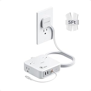 TESSAN Surge Protector Extension Cord 5Ft, Flat Plug Power Strip with 4 Outlets 4 USB Ports(1 USB C) 20W USB C Cable,15A 1875W USB Charger 1050 Joules Protection, Suitable for Home Office Do