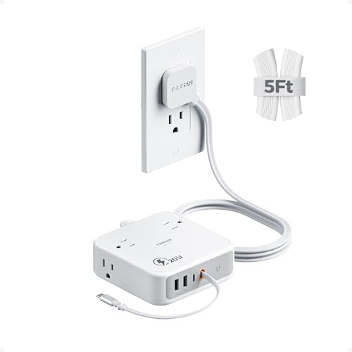 TESSAN Surge Protector Extension Cord 5Ft, Flat Plug Power Strip with 4 Outlets 4 USB Ports(1 USB C) 20W USB C Cable,15A 1875W USB Charger 1050 Joules Protection, Suitable for Home Office Do