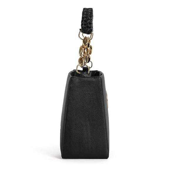 Image of Black Structured Handbag with Gold Chain Handle and Woven Crossbody Strap, Faux Leather