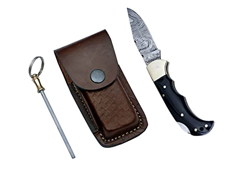 BLACK_FALCON 6.5 INCH 100% HANDMADE DAMASCUS STEEL BEAUTIFULL BLACK BUFFALO HORN POCKET KNIFE FOR MEN & WOMEN-FOLDING KNIFE WITH BACK LOCK KNIVES SET FOR CAMPING & OUTDOOR WITH REAL LEATHER SHEATH