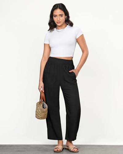 GRAPENT Linen Pants Women Wide Leg High Waisted Cropped Barrel Pull On Smocked Elastic Waist Summer Pants with Pockets4
