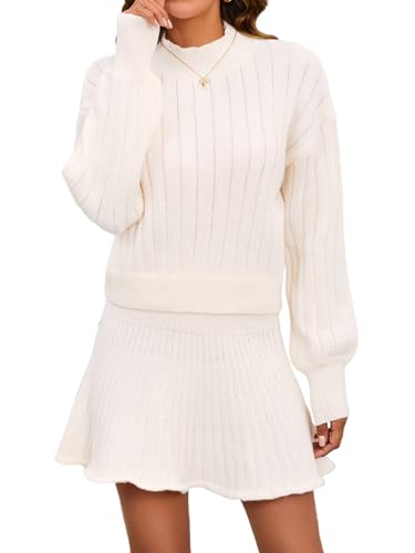 Image of MakeMeChic Women's Sweater Skirt Sets 2 Piece Outfits Ribbed Knit Mock Neck Sweater Pullovers A Line Mini Skirt Set