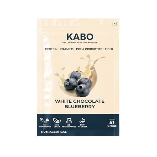 Image of KABO 25g Yeast Plant Protein Powder for Men & Women, White Chocolate Blueberry Flavour | Probiotics, 26 Vitamins & Minerals, 60+ Superfoods | India's First 3-in-1 Nutritional Drink | 1 Pack (51g)
