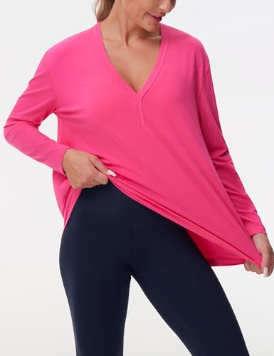 THE GYM PEOPLE Women's Long Sleeve Workout Shirts Loose Fit V-Neck Running T-Shirts Tops Bright Pink — view 4
