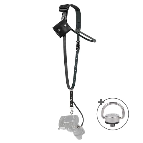 Leather Camera Strap for One Camera - Professional Single Leather Harness Shoulder Strap with Sd Card Holder & Battery Holder, Quick Release Gear for DSLR/SLR, Black