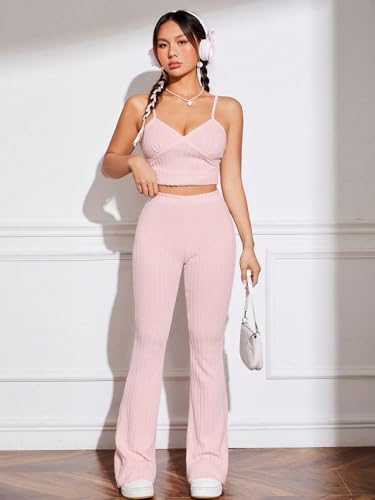 WDIRARA Women's Elastic High Waist Pants Knit Textured Bell Bottom Leg Casual Trousers4