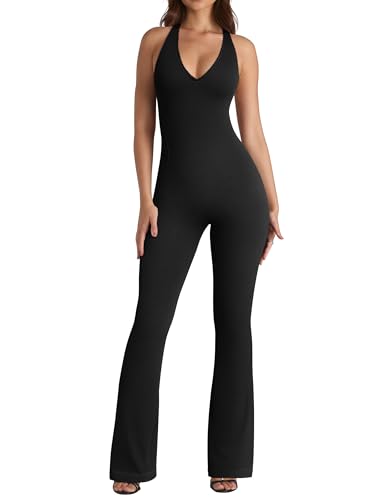 OQQ Jumpsuits for Women Fall Winter Halterneck Sleeveless Lace-Trim Flared Jumpsuit Black