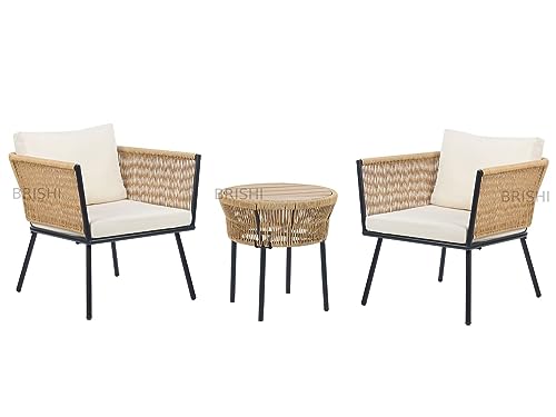 Image of BRISHI Garden Patio Seating Chair and Table Set Outdoor Balcony Garden Coffee Table Set Furniture with 1 Table and 2 Chairs Set with Cushion Braid & Rope (Beige)