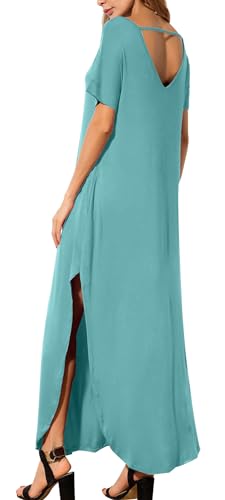 Image of GRECERELLE Women's Summer Maxi Dress Casual Loose V Neck Short Sleeve Side Split Long Dresses with Functional Pockets