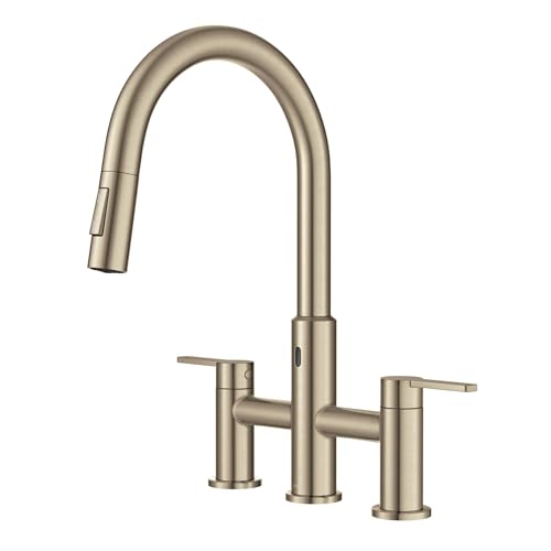 Image of KRAUS Oletto Touchless Sensor Bridge Kitchen Faucet with Pull-Down Sprayhead in Spot-Free Antique Champagne Bronze, KSF-3122SFACB