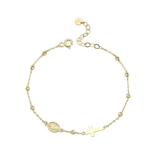 MIONZA 14K Solid Gold Rosary Sideways Cross Bracelet for Women, Adjustable Cross Bracelet, Religious Charm Catholic Jewelry, Christian Baptism Gift for Her