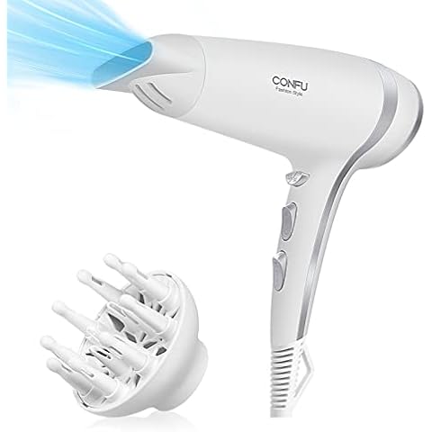 2200W Hair Dryer, CONFU Travel Hairdryer Powerful Fast Dry Blow Hair-Dryer DC Motor 2 Speed and 3 Heat Cold Shot Button Velvet Bag(White) Cover