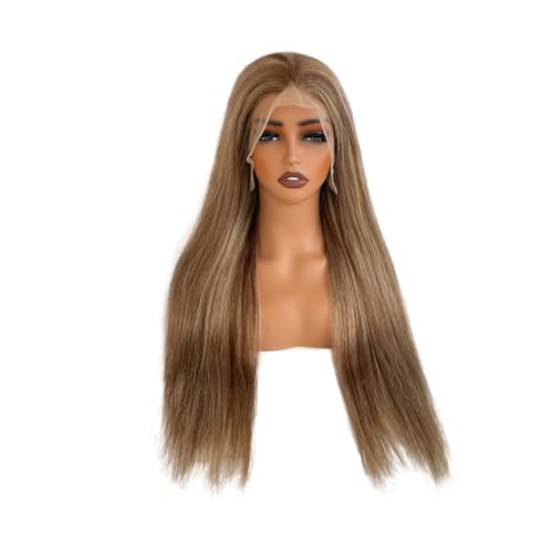 Image of Munx Ash Blonde Lace Front Wig Human Hair, Pre Plucked Straight 13x4 Ombre Highlight Wig Human Hair for White Women Natural Hairline Full 180% Density Brown and Blonde Frontal Wigs 18 inch