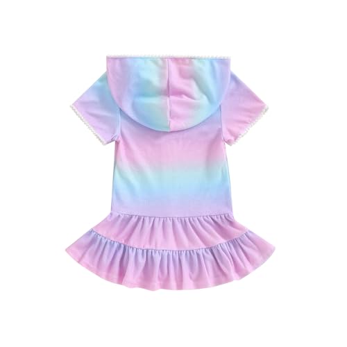 Girls Gradient Color Swim Cover Up One Piece Swimsuit Tie Dye Zip Short Sleeve Ruffle Hooded Terry Coverup Swimwear2