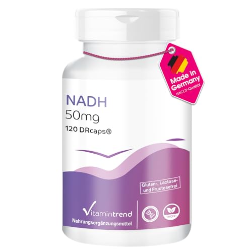 Vitamintrend NADH hochdosiert 50mg 120 Kapseln schluckfreundlich DRcaps mit zeitverzögerter Freisetzung veganes Nahrungsergänzungsmittel ohne Zusätze in Deutschland hergestellt