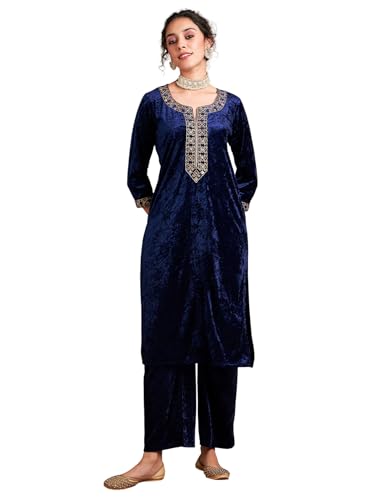Image of Women Velvet Embroidered Straight Kurta