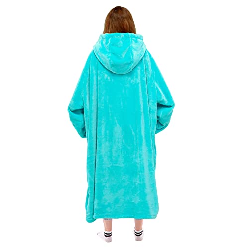 Image of Waitu Wearable Blanket Sweatshirt for Women and Men, Super Warm and Cozy Giant Blanket Hoodie, Thick Flannel Blanket with Sleeves and Giant Pocket - Cyan