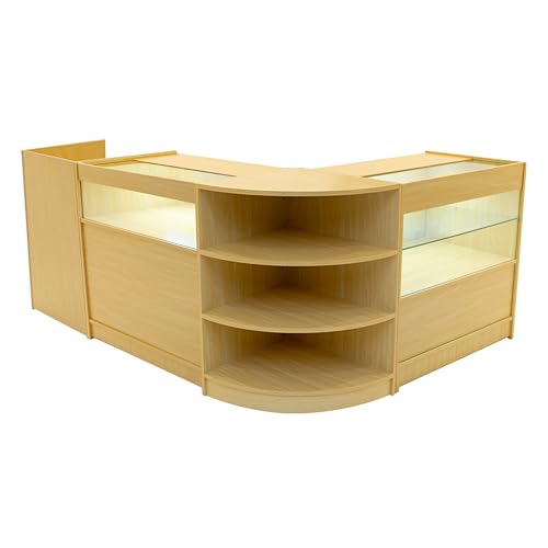 Set Mostradores Comerciales 'EUROPA' | Arce | LM60+B900+C900+TB60| MDF y vidrio templado | Estantes y puertas corredizas con cerradura | Fácil Montaje | Mostrador Recepción Expositor Comercial