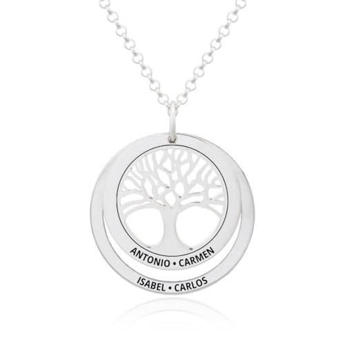 Collar Árbol de la Vida en Plata de Ley 925 personalizable. Cadena de 45cm. Regalo ideal madre abuela con nombres familia. Cumpleaños, Navidad. Hecho en España. (Collar Árbol de la Vida + 1 Aro)