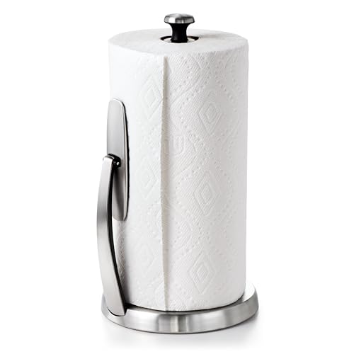 OXO Good Grips SimplyTear Paper Towel Holder – One-Handed Tearing – Weighted Non-Slip Base – Spring-Activated Arm for Easy Loading – Fits All Roll Sizes – Stainless Steel