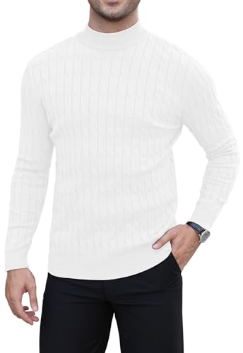 Image of MLANM Men's Vertical Cable Knit Turtleneck Jumper Winter Beige L
