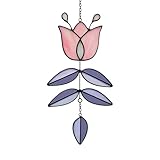 MintyWiz Pink Tulip Stained Glass Suncatcher, Folk Flower Stained Glass Window Hanging Sun Catcher, Healing Boho Decor, Handmade Flower Gifts for Indoor Window, 9.4' x 4.7'