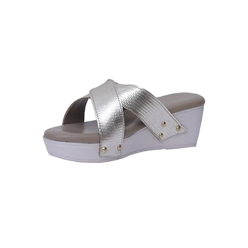 Image of DEEANNE LONDON Women's Silver Pure Leather Metallic Cross Strap Wedge Sandals with Buckle