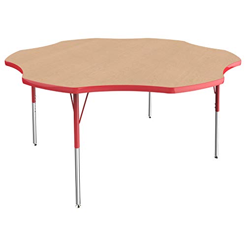 Image of FDP Flower Activity School and Office Table (60 inch), Standard Legs with Swivel Glides for Collaborative Seating Environments, Adjustable Height 19-30 inches - Maple Top and Red Edge