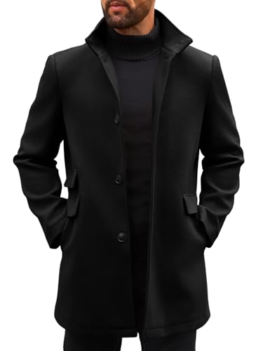 Runcati Mens Pea Coats Single Breasted Stand Collar Casual Slim Fit Trench Coat Mid Long Winter Overcoat with Pockets