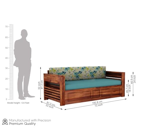 Image of Mamta Furniture Sheesham Wood Foster 3 Seater Sofa Cum Bed for Living Room Three Seater Sofa Bed for Home Sofa Com Bed Sheesham Wood |(Honey Teal Aqua Marine)