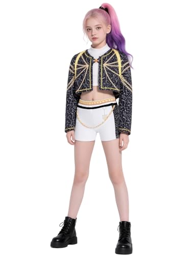Girls Demon Cosplay Hunters Rumi Costume Kids Golden, 3Pcs Cosplay Outfit with Printed Jacket Top and Shorts, Toddler Halloween Carnival Stage Performance Dress Up SD160L